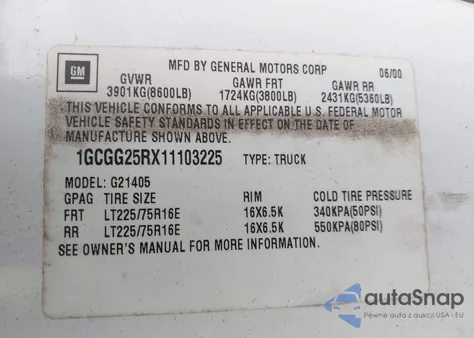 2001 Chevrolet Express z USA, uszkodzony, nr VIN 1GCGG25RX11103225